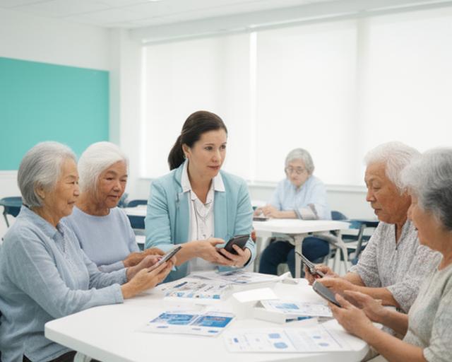 Patient instructor teaching a small group of seniors in a bright classroom in Singapore, hands-on smartphone practice