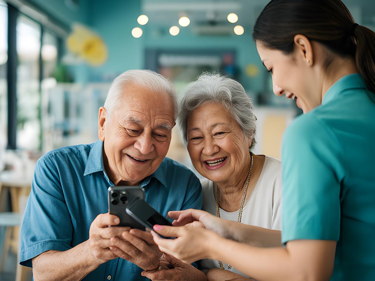 Senior couple in Singapore learning to use a smartphone together with a patient instructor at a community centre