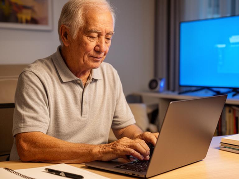 Senior man using a laptop computer at a desk in his Singapore home, learning basic computer skills