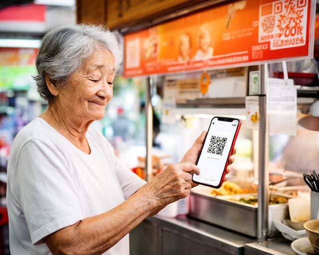 Senior woman scanning a QR code with her smartphone at a hawker centre in Singapore for cashless payment