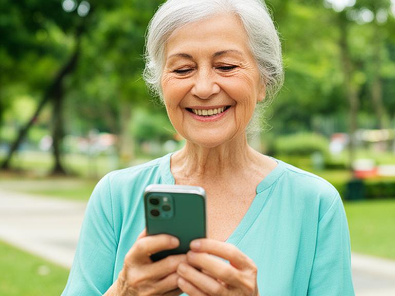 Senior woman using a smartphone outdoors in a Singapore park, smiling while learning to message family
