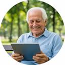 Senior man sitting in a Singapore park, happily browsing on his tablet after digital literacy training